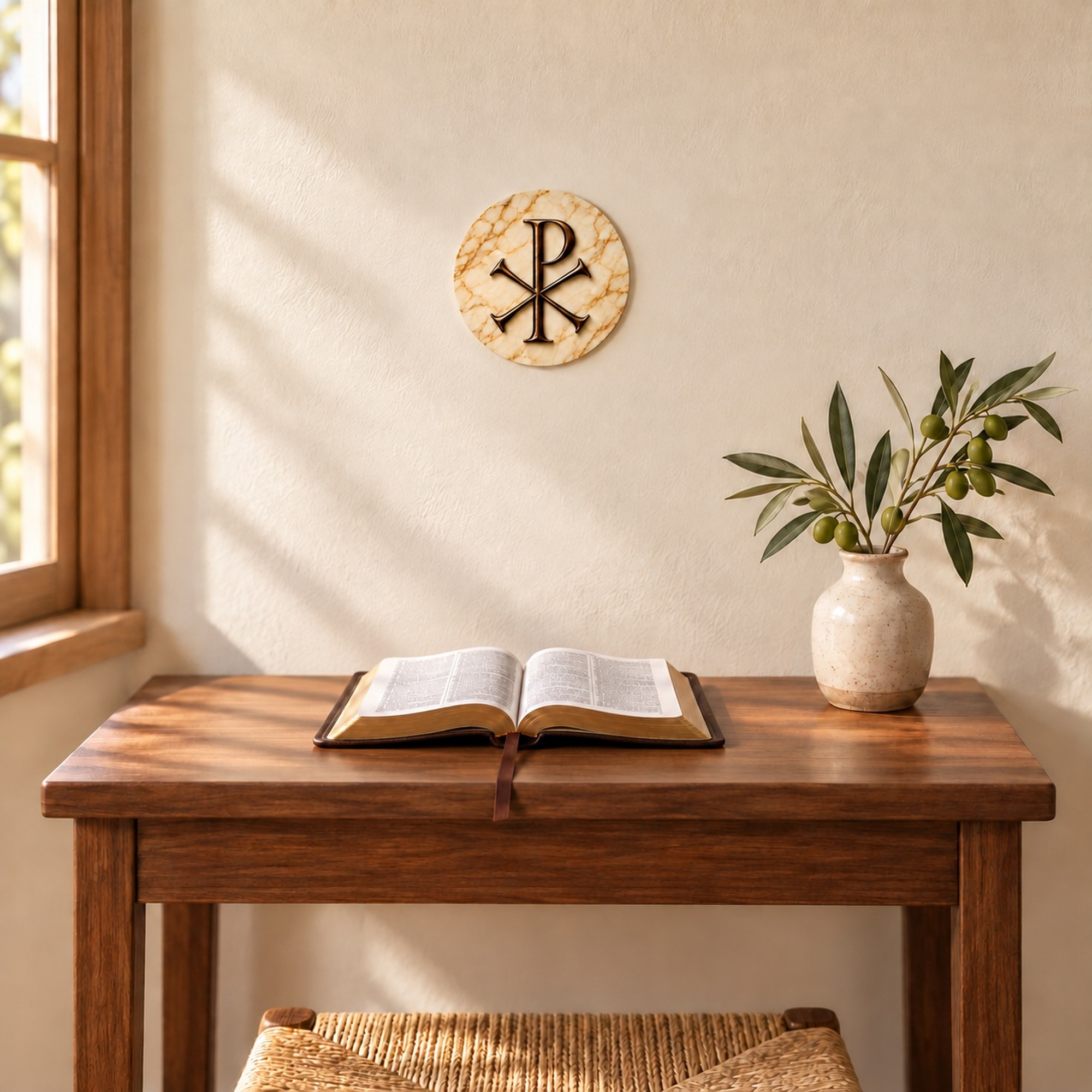 Bronze Pax Expressions of Faith wall hanging above a desk with an open Bible
