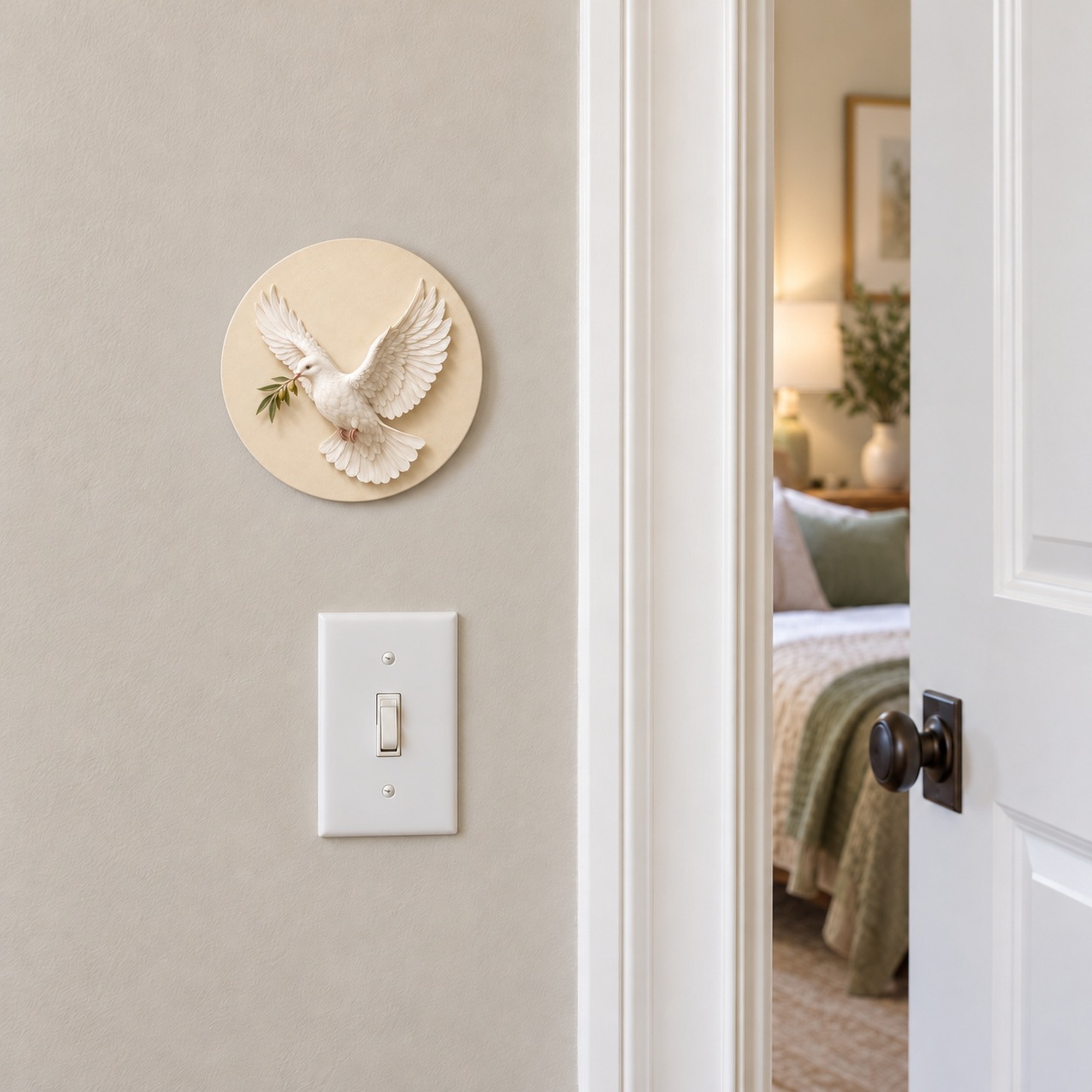 Ivory Dove beside an open door, above a light switch